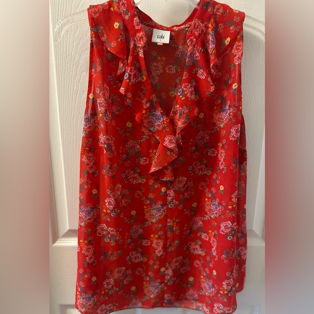 CAbi Red Floral Ruffle Crush Blouse